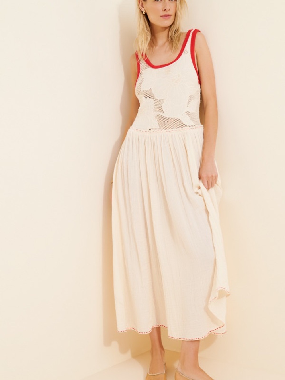 $198 Free People Cream Midi Dress with Red Trim Floral Crochet Boho flaw